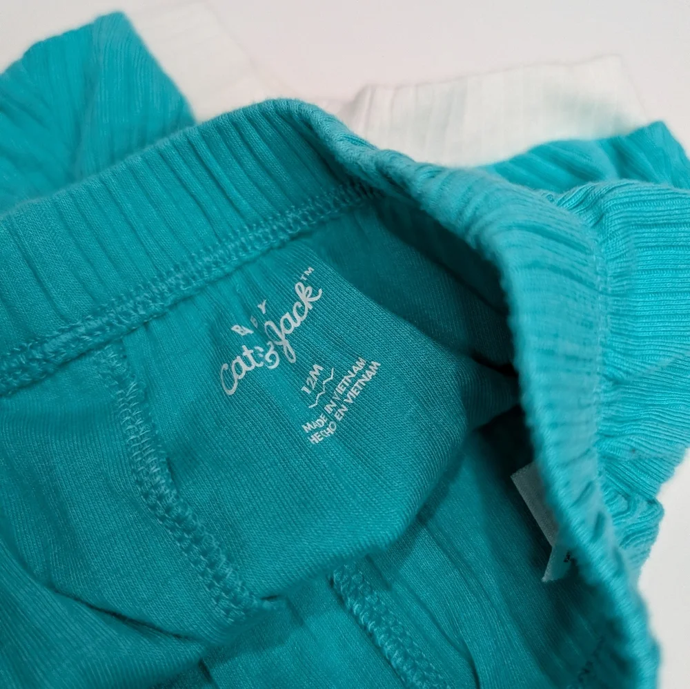 Cat & Jack Baby Summer Outfit Set | 12M | Teal Hot Pants, Striped Bodysuit & Bib